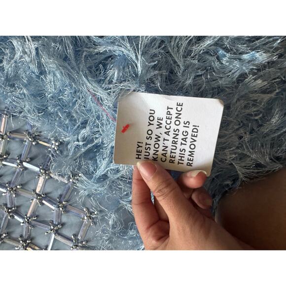 NWT ASOS DESIGN Light Blue Beaded Feather Hem Dress Size 14 Glam Formal Gown - Picture 8 of 16